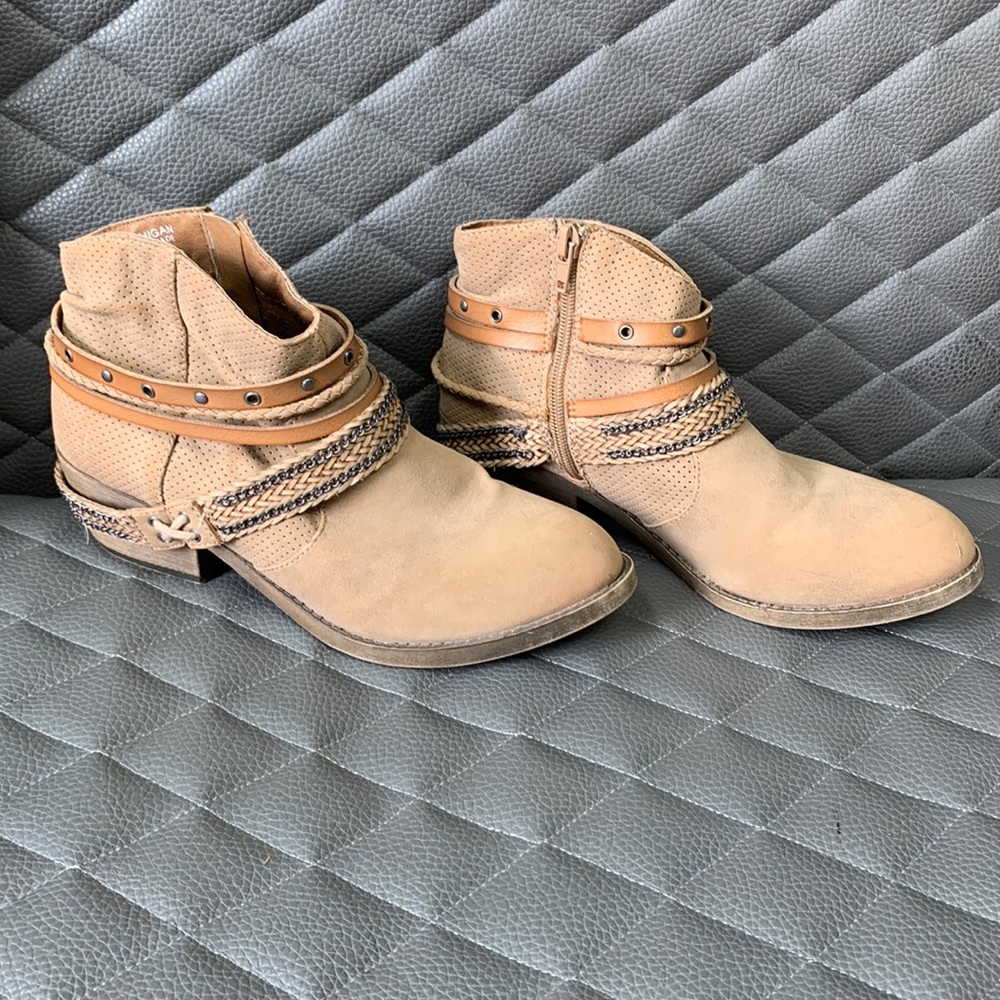 Tan booties with braided accent straps